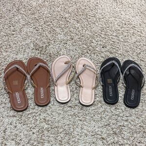 3 pairs of Women's Rhinestone Strap Flip Flop Sandals - Brown, Blush, Black